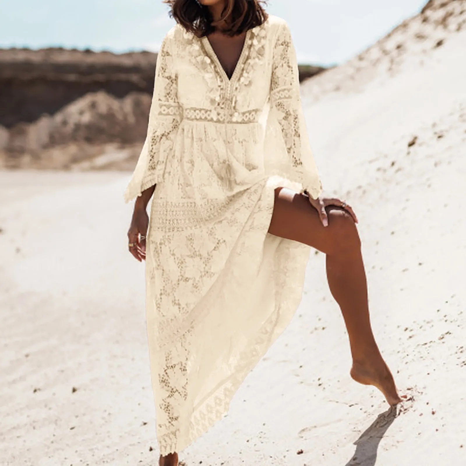 Summer Boho Long Dresses Women V Neck Flare Sleeve Crochet Lace Holiday  Dress Lady Beach Sundress Dress Vestidos De Mujer - AliExpress 200000345