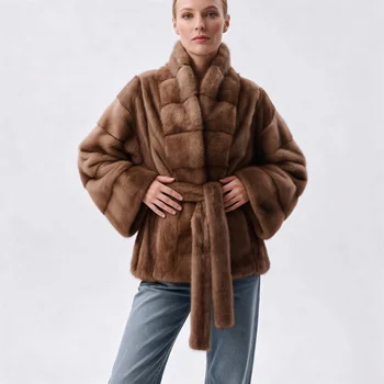 IG 2026 Women Stand Collar Belted Waist Faux Mink Fur Jacket Loose Long Sleeve Luxury Elegant Winter Party Daily Outer Coat 3