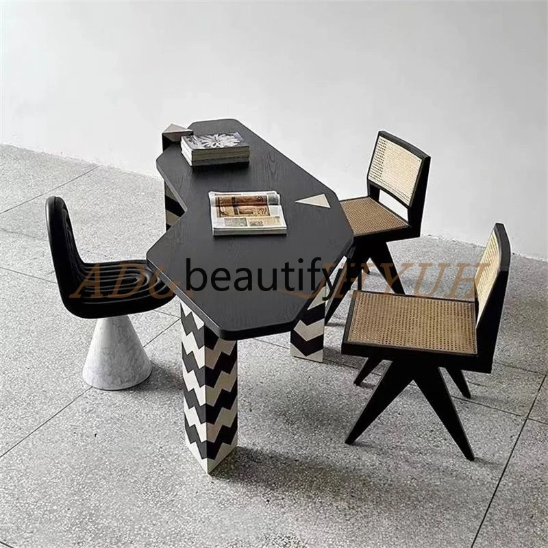 Medieval simple solid wood home zebra pattern dining table wabi wind creative study desk combination chair