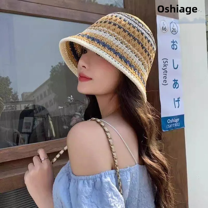 Summer Straw Boater Hat Women's Beach Travel Sun Protection Breathable Bucket Hat Color Block Fishing Cap Stylish Japanese Ins
