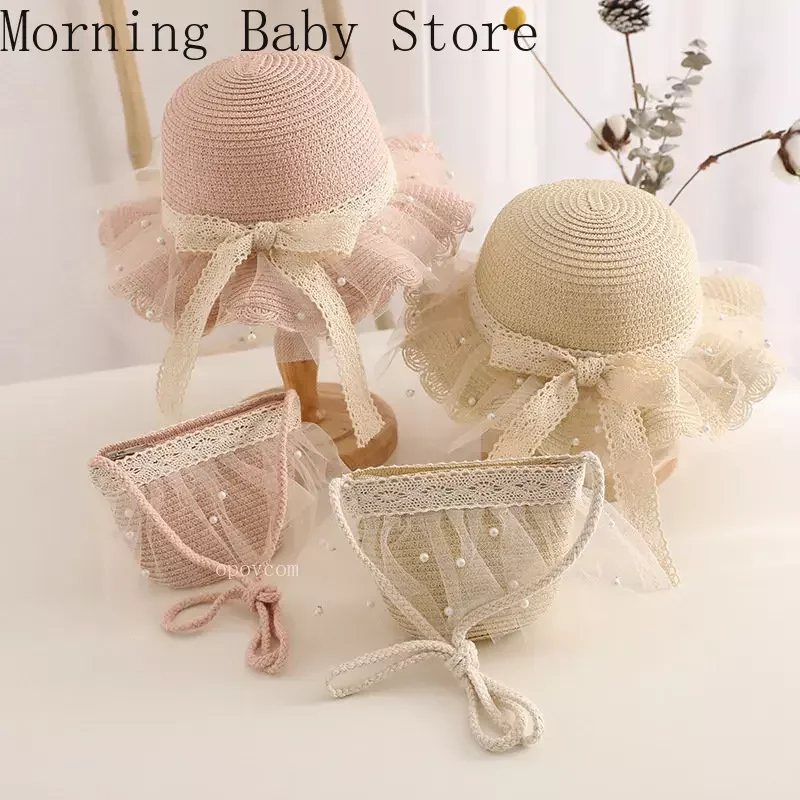 Summer Fashion Kids Straw Hat Lace Pearl Baby Girl Hat Bag Set Baby Travel Sun Protection Beach Hats Panama for 2-8 Years Kids