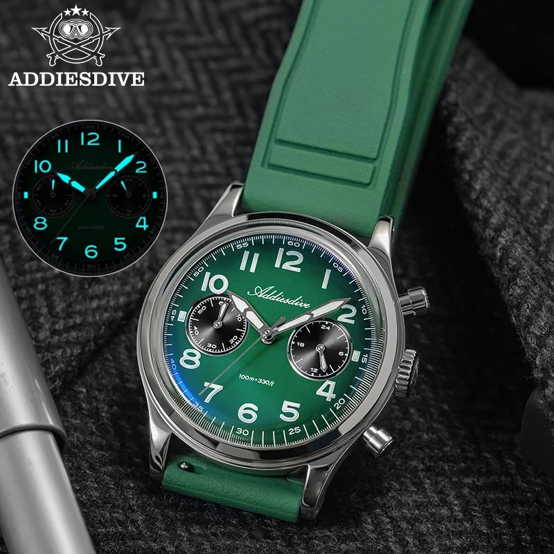 

ADDIESDIVE 38mm Men's Quartz Watches VK64 Stainless Steel Sports Chronograph Watches 10Bar Waterproof C3 Luminous Diving Watches