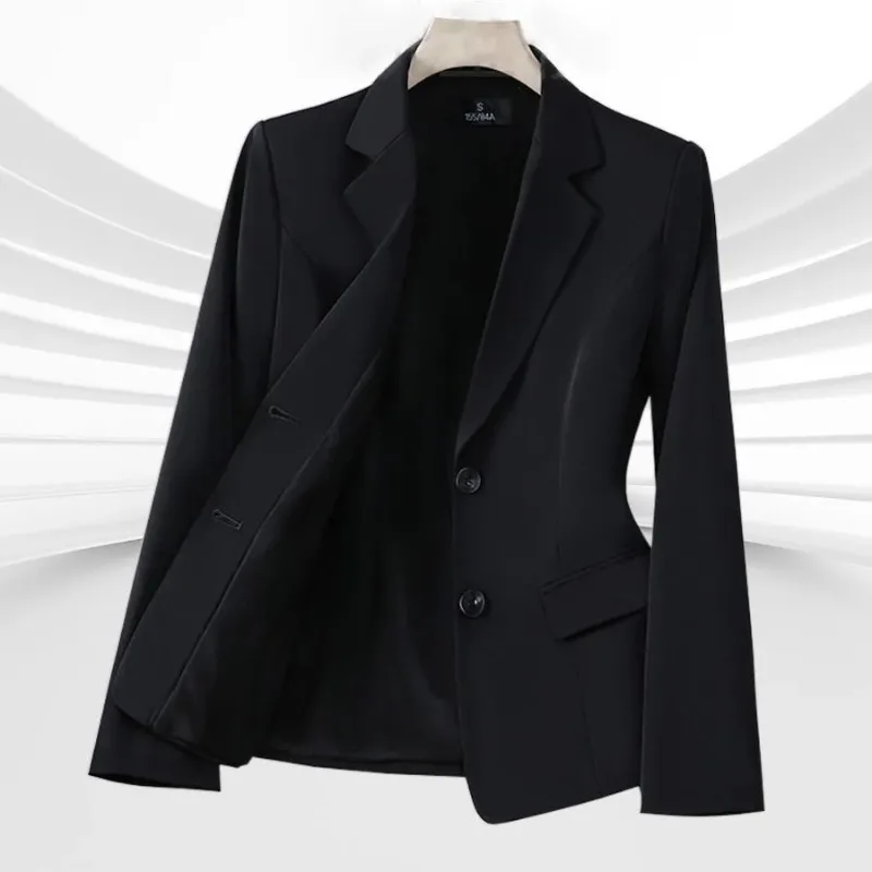 

Women's Solid Black Two Button Notched Lapel Office Blazer with Flap Pocket