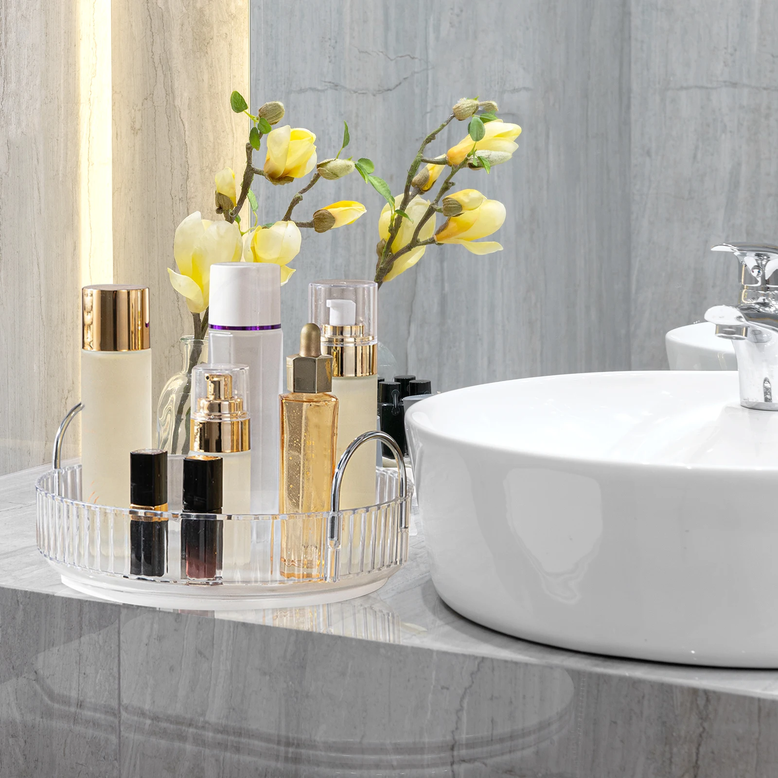 

Rotating Storage Tray Transparent Makeup Organizer Countertop Skin Desktop Organizer For Small Spaces
