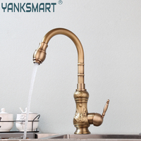 YANKSMART Antique Brass Kitchen Faucet Washbasin Basin Sink Faucet Swivel Spout Vanity 1 Handle Deck Mounted Mixer Water Tap