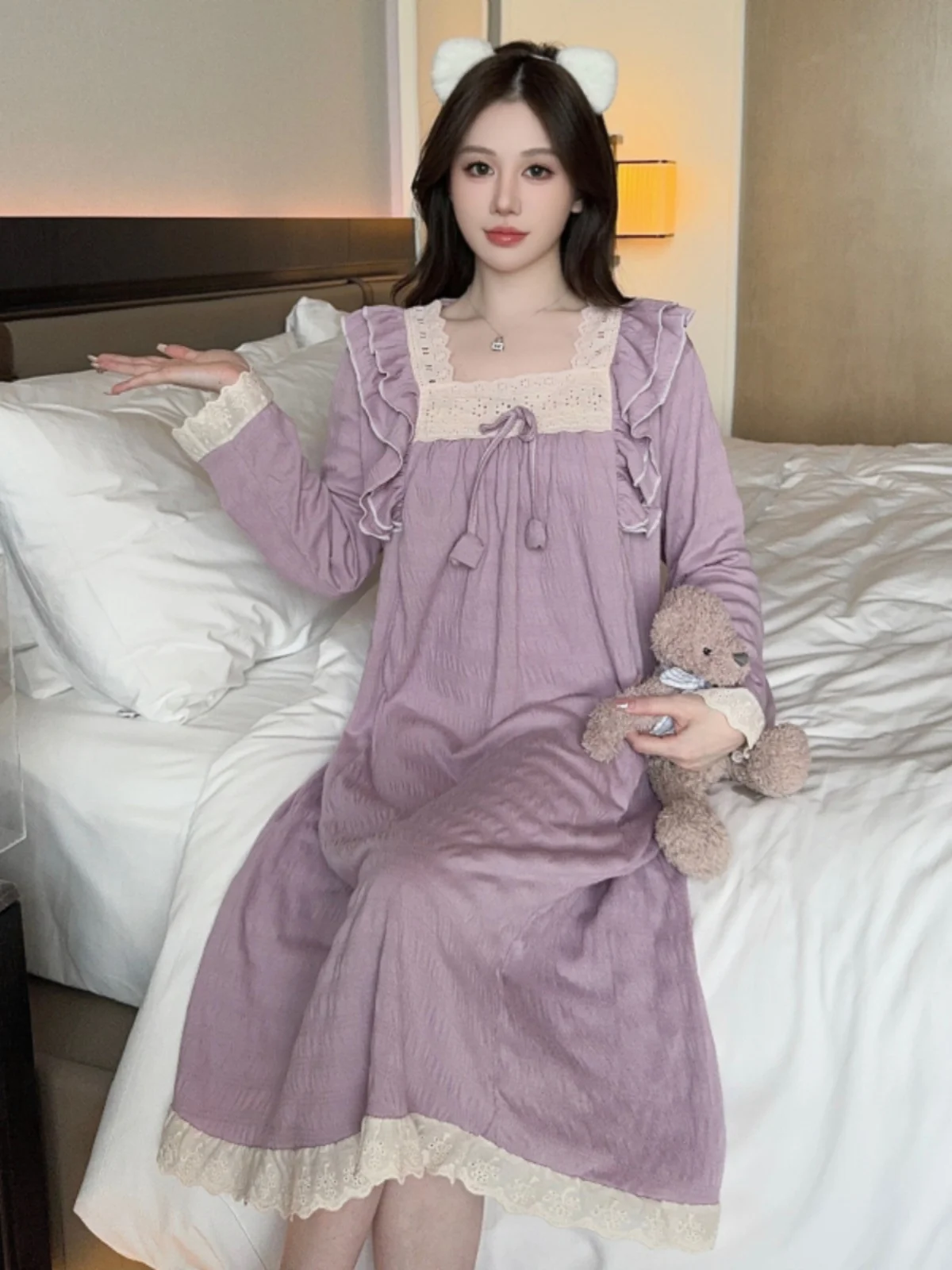 Long Sleeve Cotton Nightgown Women's Spring Autumn Pure Cotton Floral Embroidery Princess Style Sweet Lace Court Purple Mater...