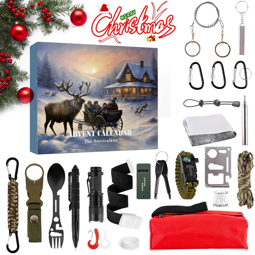 

24 Day Christmas Countdown Survival Kit for Men Adult with Cool Gadgets Survival Kit Advent Calendar for Outdoor Camping Fishing