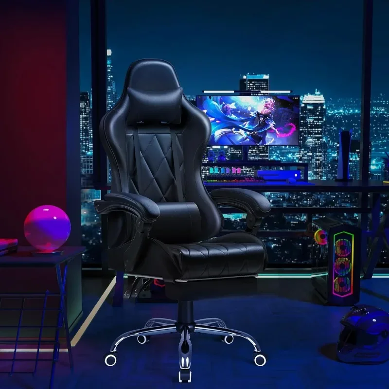 Gaming Chair with Footrest and Massage Lumbar Support, Ergonomic Computer Seat Height Adjustable with 360°Swivel