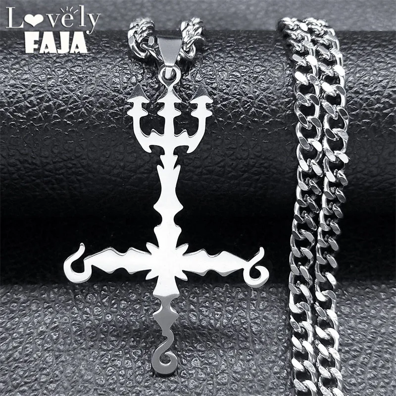 666 Satan Inverted Cross Trident Demonic Necklace for Women Men Stainless Steel Silver Color Statement Necklaces Jewelry N8055SR