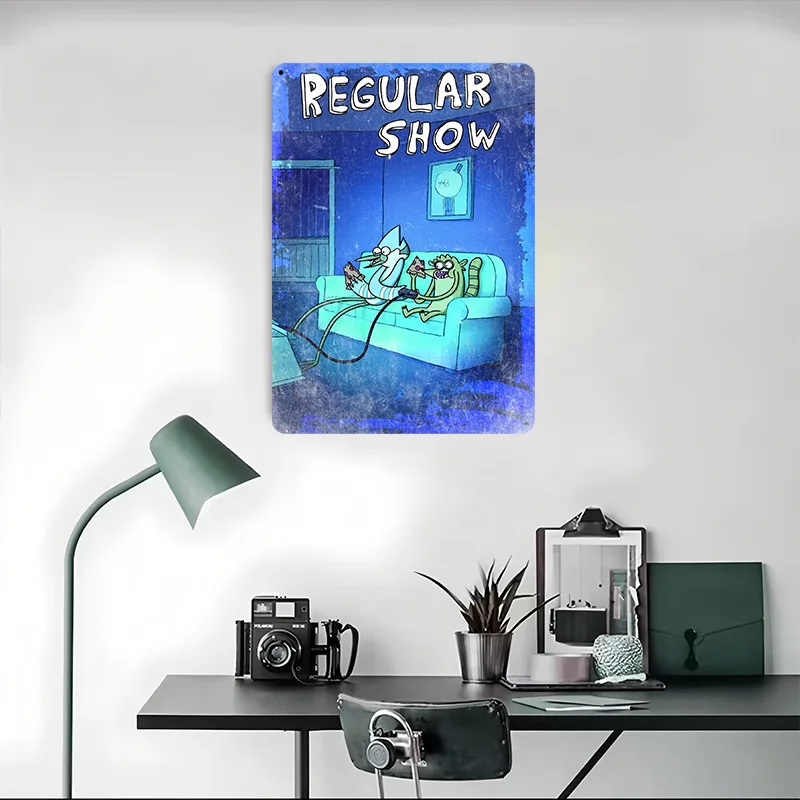 العرض العادي: ملصق معدني من Mordecai and Rigby Gaming Tin Sign علامات معدنية قابلة للتخصيص لتزيين الحائط الفني وديكور المكتب القديم