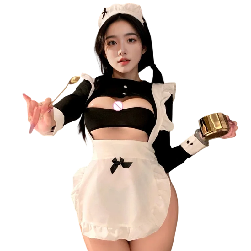 

Новинка 2026: Женский комплект белья без бретелек с высоким разрезом, костюм горничной для косплея, взрослый милый комбинезон-пижама в стиле горничной, черно-белый дизайн