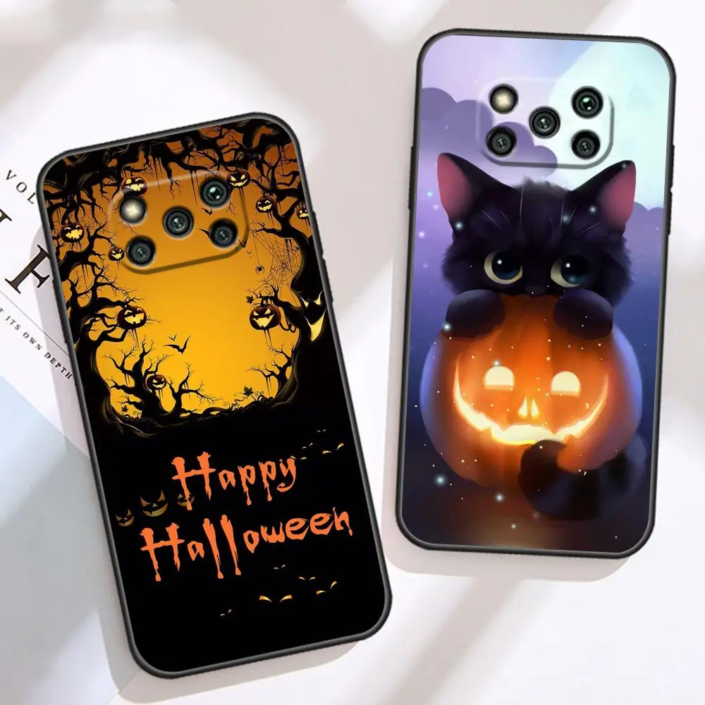 Case For Xiaomi Poco X5 X4 X3 M5 M4 M3 F5 F4 F3 GT Pro NFC 5G 4G Black Shark 5 Mix 3 2S Case Funda Happy Halloween Cat Bat Witch