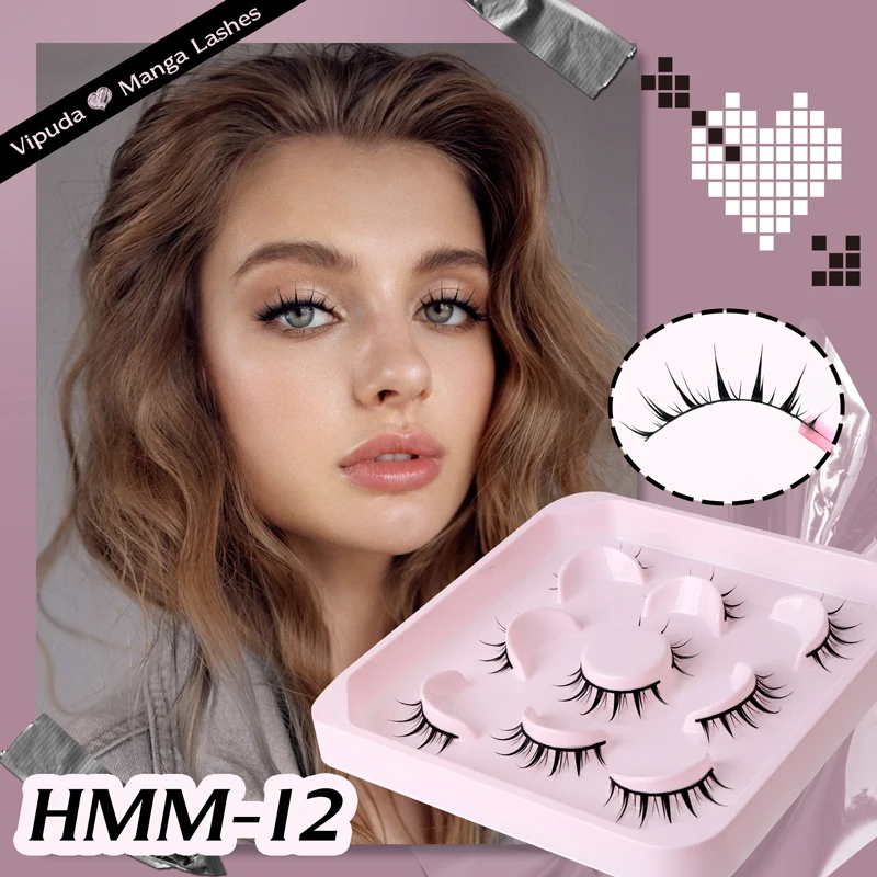 5Pairs Manga Lashes Natural Look Anime Lashes Thin Band Natural Spiky 3D Faux Mink Lashes Short Fluffy Soft Cross Cute Lashes