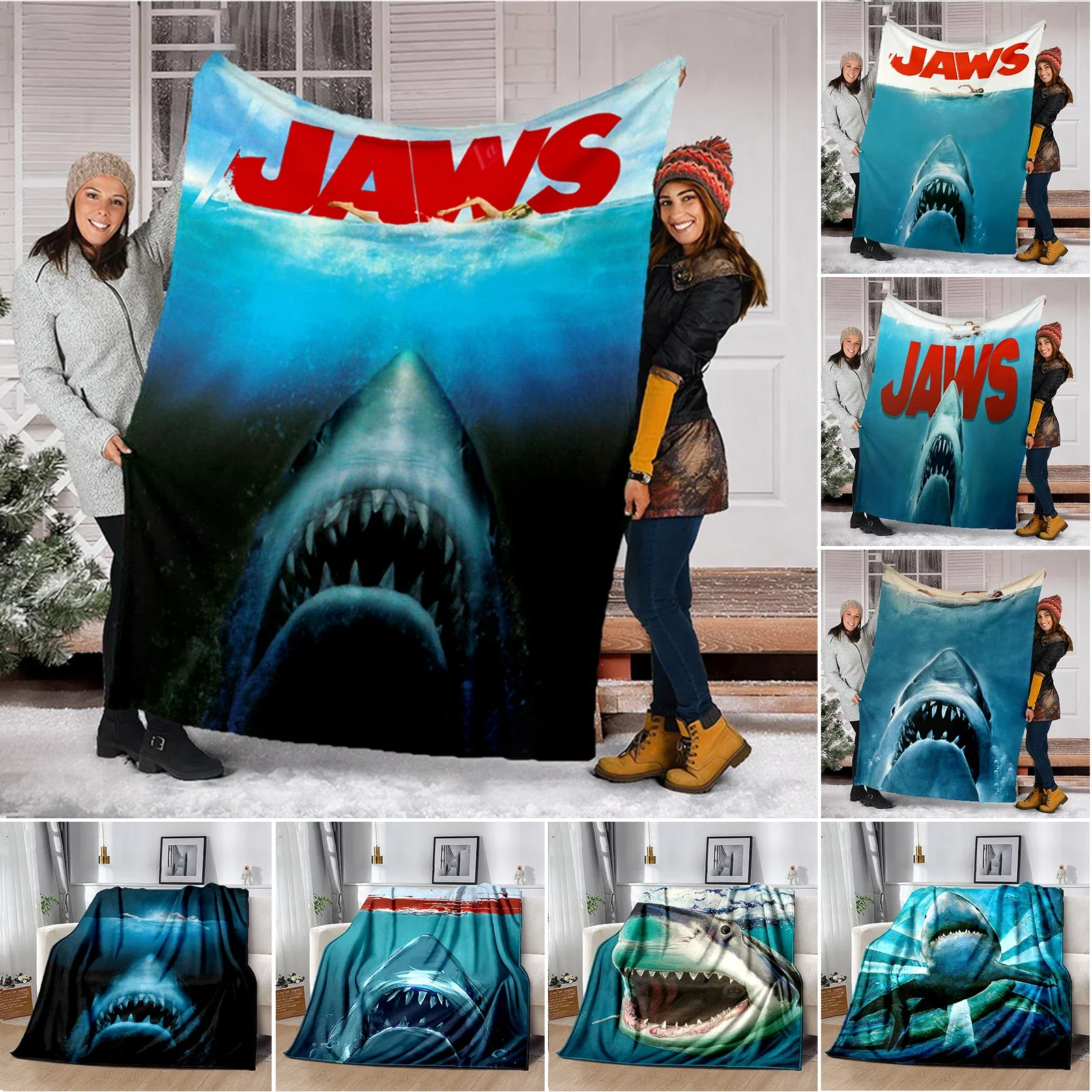 

3D Print Jaws Blanket Soft Sofa Cover Shark Throw Blanket Fleece Tapestry Lightweight Warm Bed Blankets for Bedroom Couch