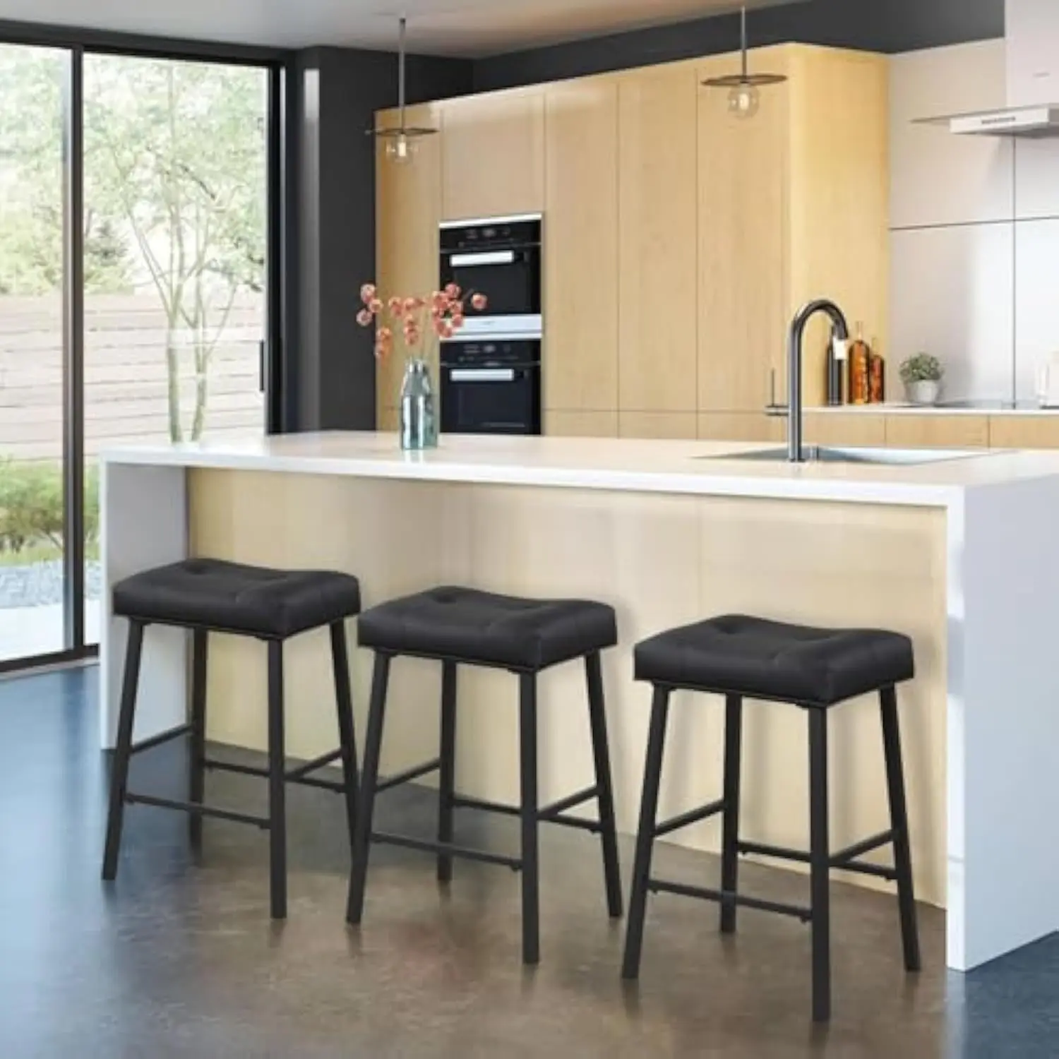 

Counter Height Bar Stools Set of 3, 24 Inch Backless Kitchen Barstools, Upholstered PU Leather Padding Barstools with Metal Bas