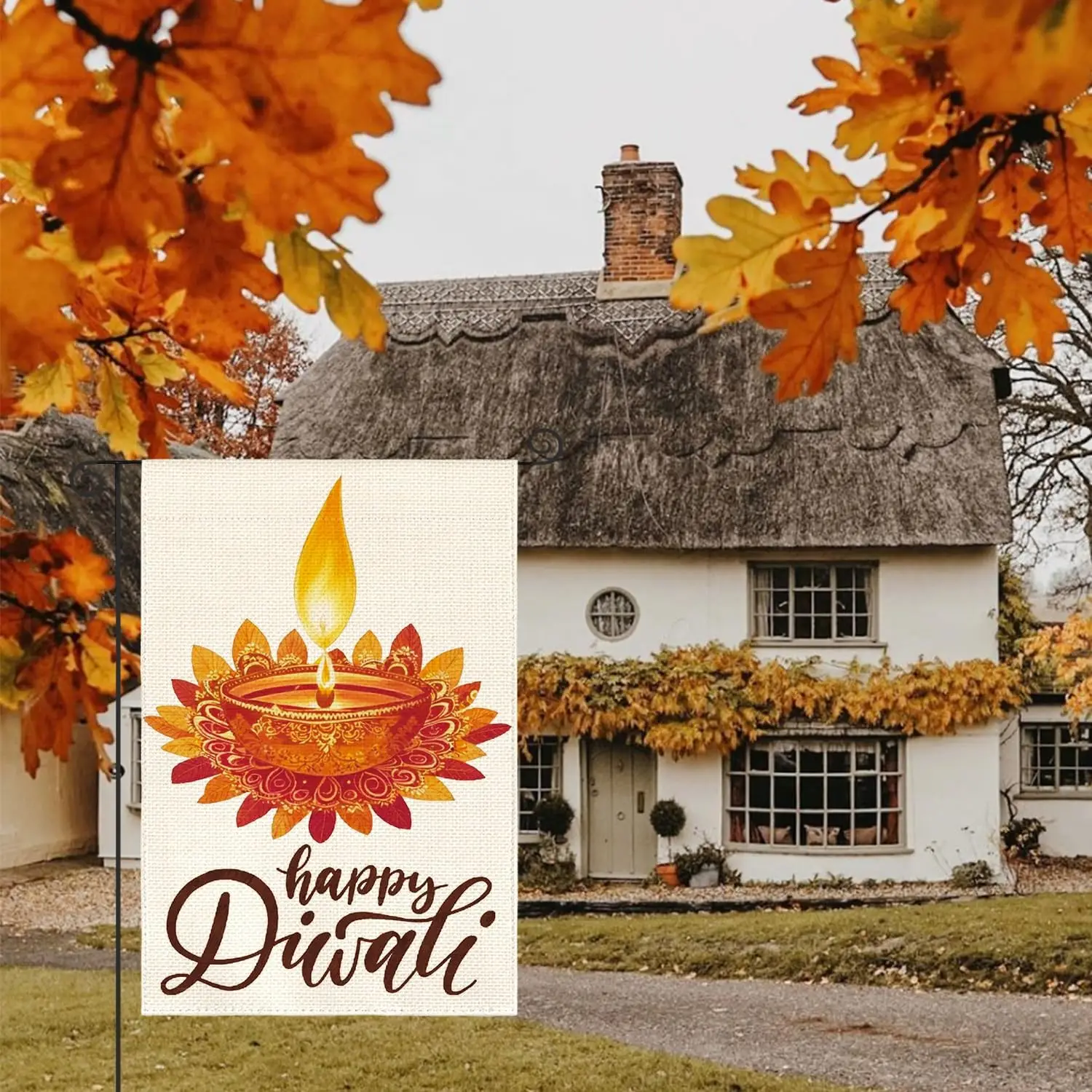AVOIN colorlife Happy Diwali Garden Flag 12x18 Inch Double Sided Outside, Diyas the Festival of Lights Yard Outdoor Flag WWP zzo