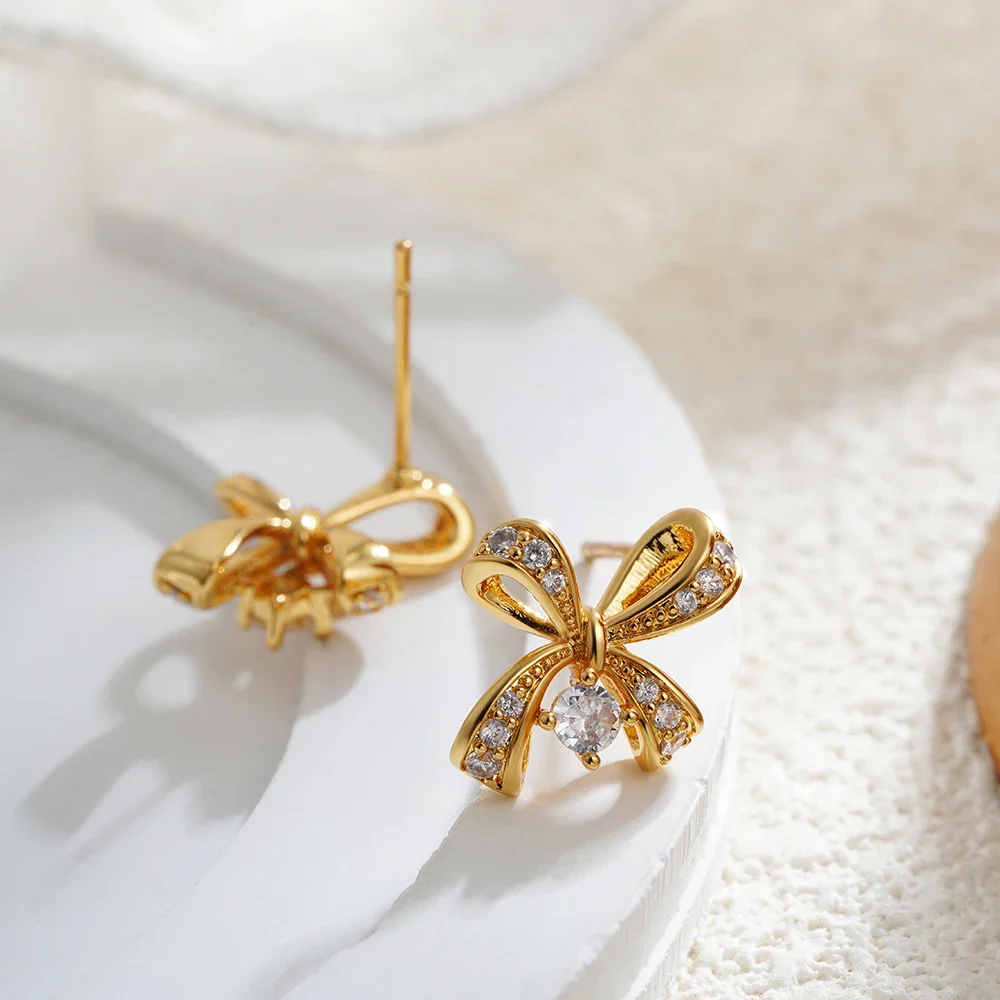 

Charm Gold Color Bowknot Stud Earrings for Women Luxury CZ Zircon Gold Plated Stainless Steel Small Earring Party Jewelry Gift