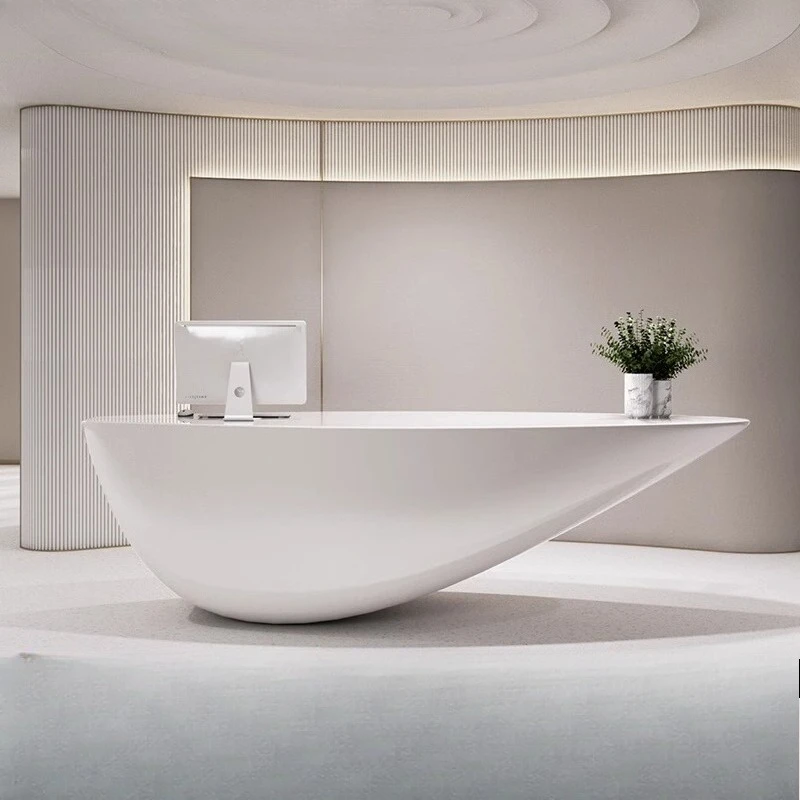 

White Beauty Salon Reception Desks Cash Register Counter Curved Minimal Reception Desks Design Customer Bureau Office Furniture