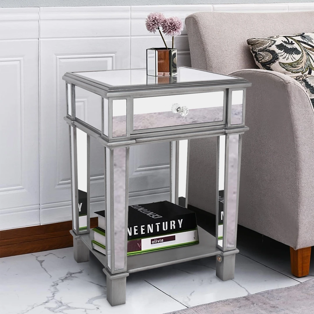 Silver Mirrored Bedside Table with Open Shelf | Glass Nightstand for Bedroom & Living Room | Modern Storage Cabinet