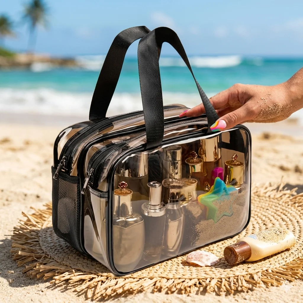 

Винтажная прозрачная дорожная сумка-органайзер с двумя отделениями, водонепроницаемый кейс для туалетных принадлежностей для пляжа и тропического отдыха, гладкая сумка-тоут