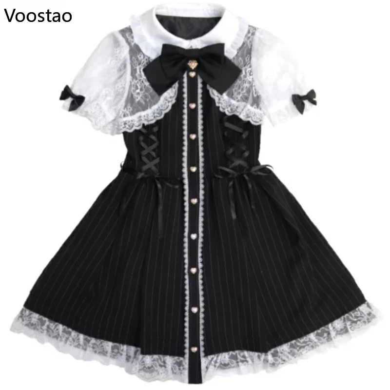 Mini abito stile Lolita gotico giapponese Y2k da donna dolce volant in pizzo falso abiti slim in due pezzi abito da festa con camicia con fiocco vintage