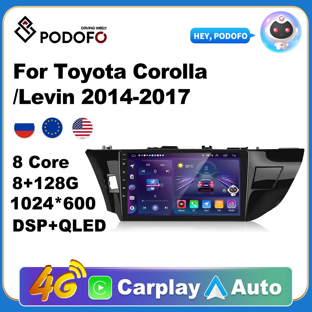 

Podofo Wireless CarPlay Andorid Auto Car Radio For Toyota Corolla/Levin 2014-2017 AI Voice Multimedia GPS 2din autoradio