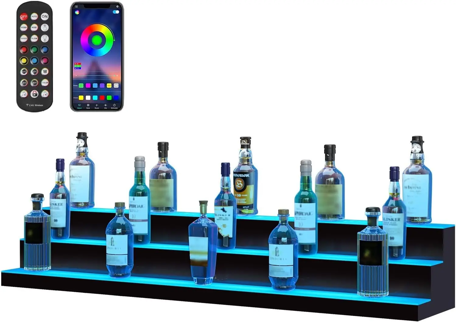 

60" LED Liquor Bottle Display Shelf, 3 Tiers, USB, RF Remote & App Control, 7 Colors, 1-4H Timer, Acrylic Bar Shelf for Home