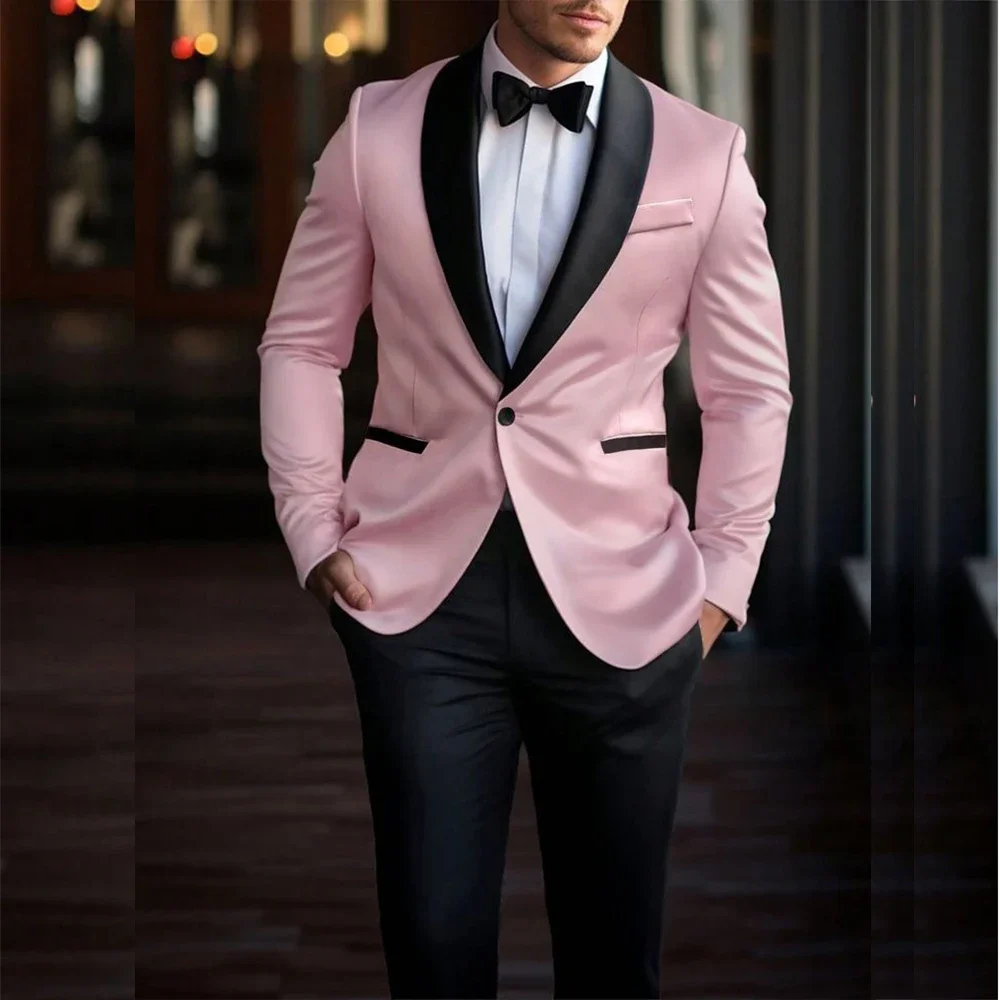 

One Button Shawl Lapel Men Suits Slim Fit Pink Blazer Black Pants 2 Piece High Quality Wedding Male Clothing Terno Costume Homme