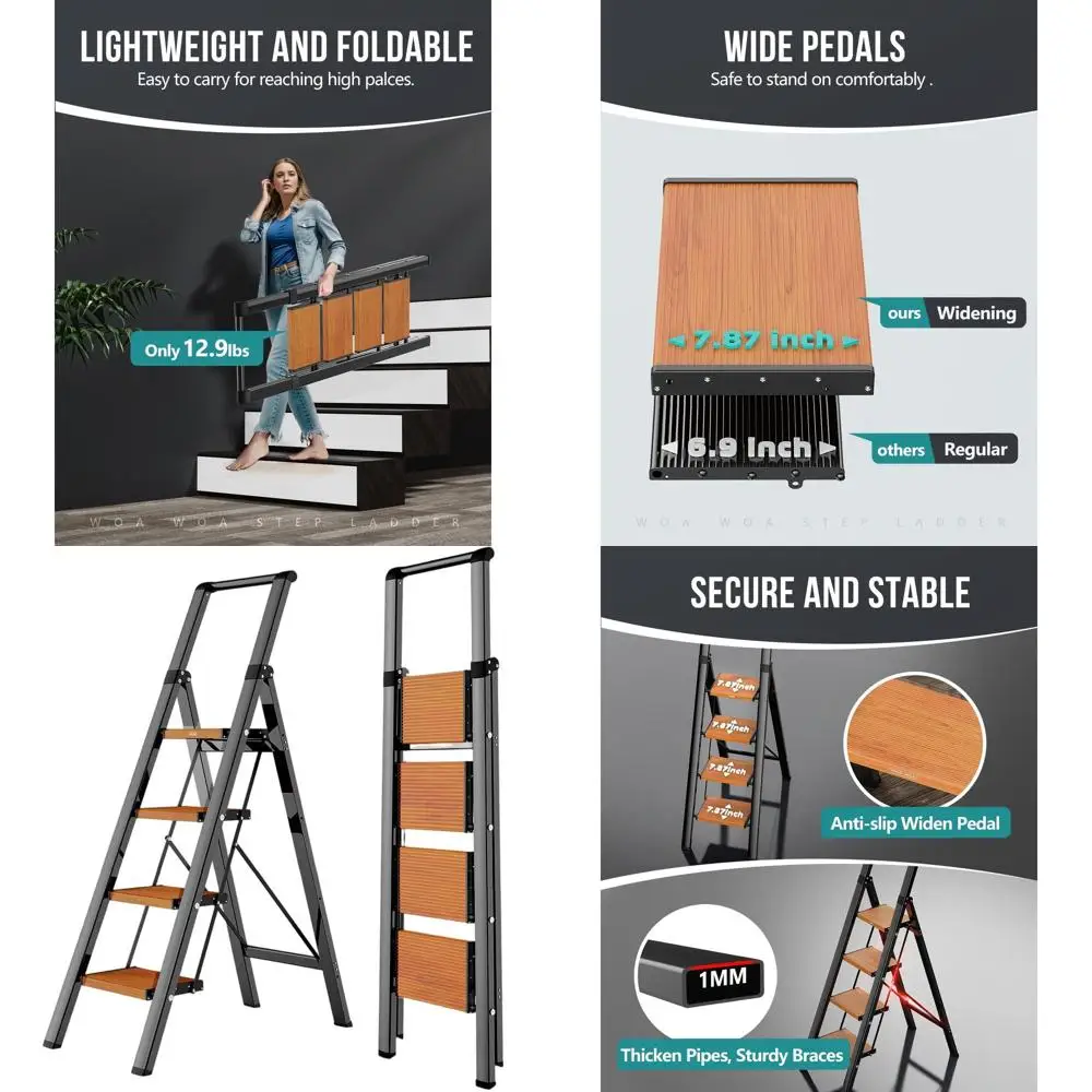

Aluminum Foldable Step Ladder, Anti-Slip, Lightweight, Easy Storage, 9ft Reach, 300lbs Capacity, Black & Wood Grain