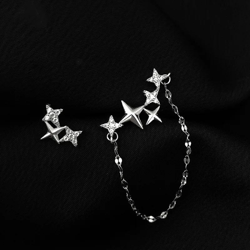 Fashion Stars Chain Tassel Stud Earrings Crystal Exquisite Versatile Geometric Female Asymmetrical Ear Accessory Dangle Earring