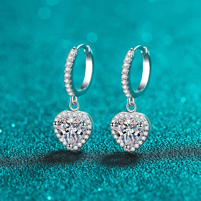 

925 Sterling Silver Heart Cut Moissanite Pendant Earrings Women Lever Back Crystal Earring Jewelry Girl Friend Anniversary Gift