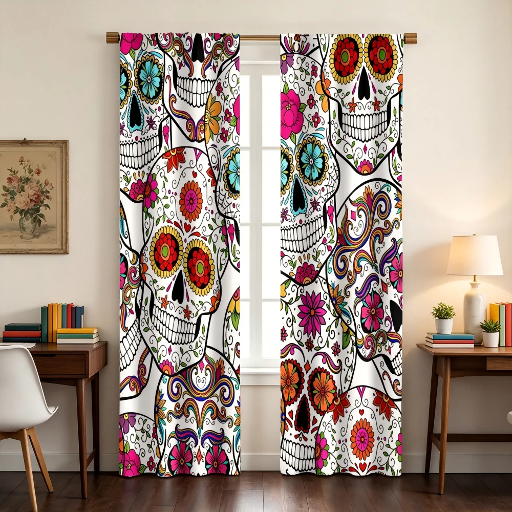2PCS Digital Print Curtains, Halloween Skull, Halloween Door Decor