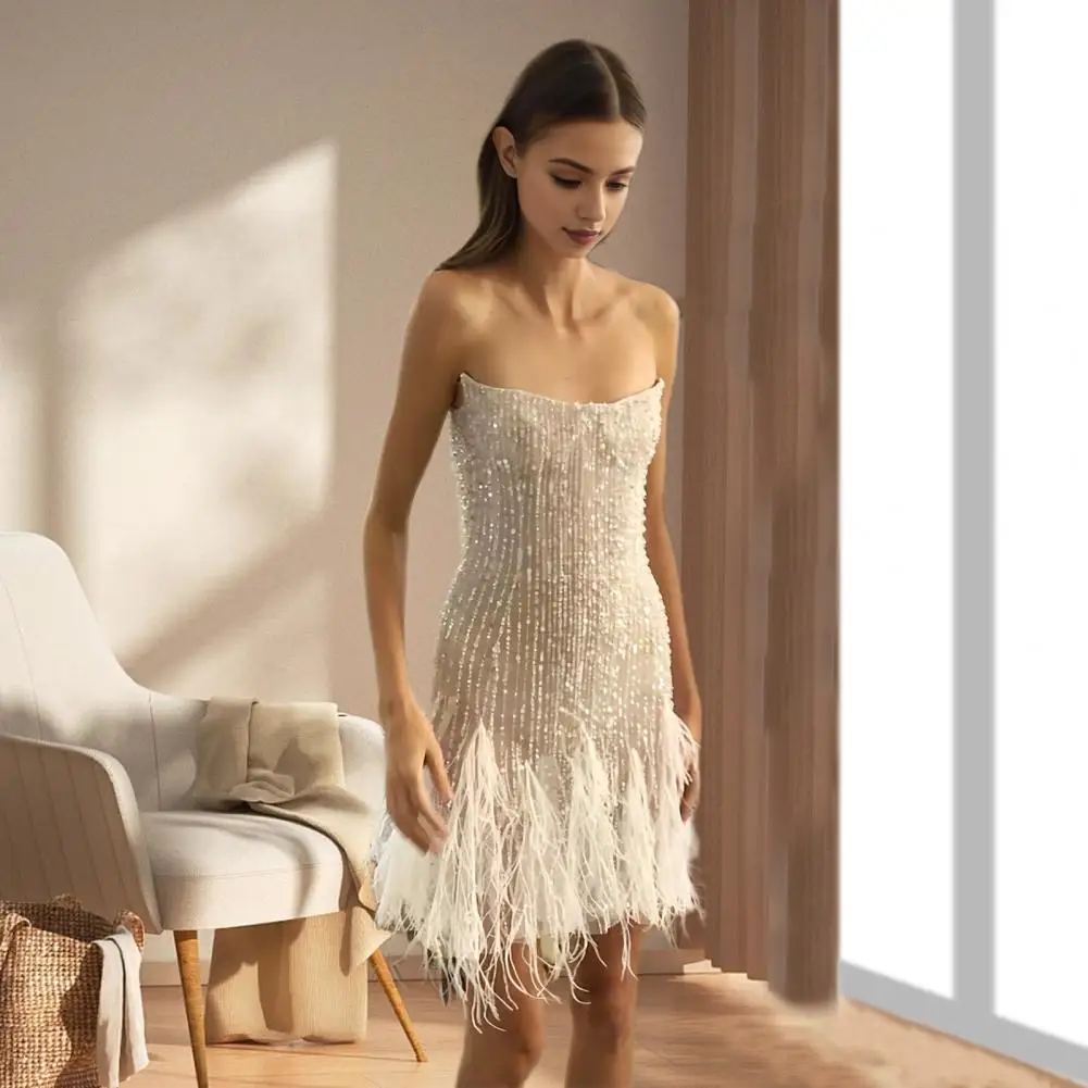 

Fashionable Tassel Sequins Multicolor Birthday Party Sexy V-neck Strap Feather Splicing Dress