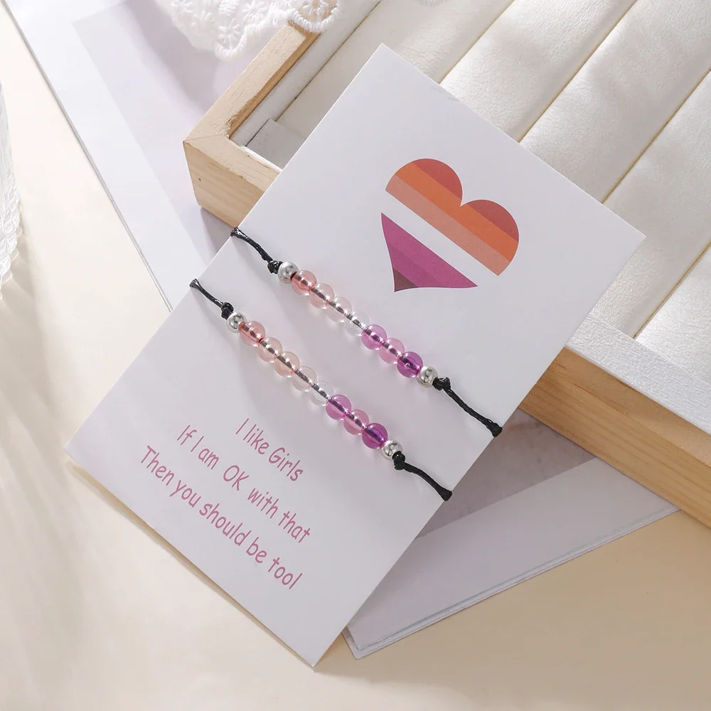 البوهيمي العصرية مطرز أساور ، قوس قزح الملونة الأرز الخرز ، مضفر ، قابل للتعديل ، زوجين ورقة بطاقة ، القلب المجوهرات ، 2 قطعة لكل مجموعة