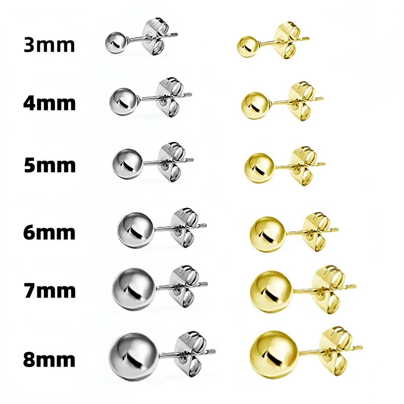20 Stück/Set, 3 mm, 4 mm, 5 mm, 6 mm, 8 mm, Edelstahl-Kugelohrstecker, hypoallergen, zum Selbermachen von Ohrringen, Ohrringkomponenten für die Ohrringherstellung. – Detail 1