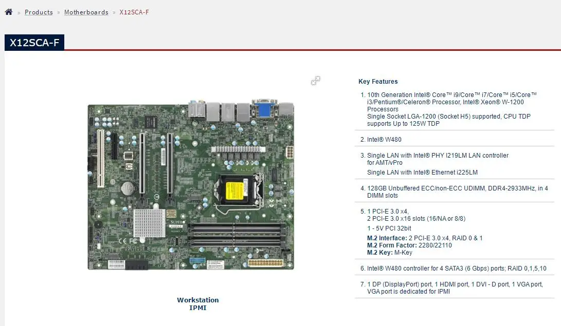 X12SCA-F für Supermicro Single Socket LGA-1200 Motherboard 10. Generation Core i9 i7 i5 i3 DDR4 SATA3 (6 Gbit/s) DP-Anschluss