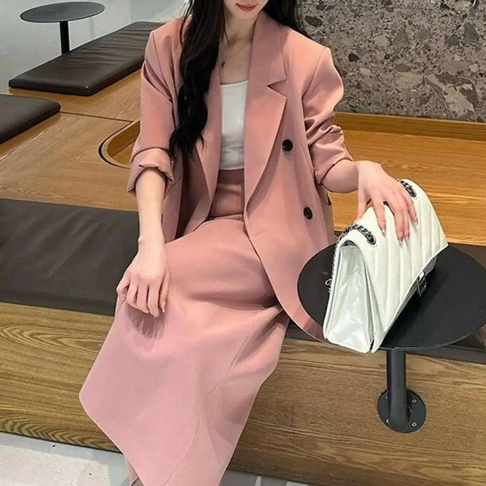 2 Pcs/Set Women Suit Coat Skirt Set Double-breasted Long Sleeve Lapel Mid Length Jacket High Waist Loose Skirt Set Formal Busine