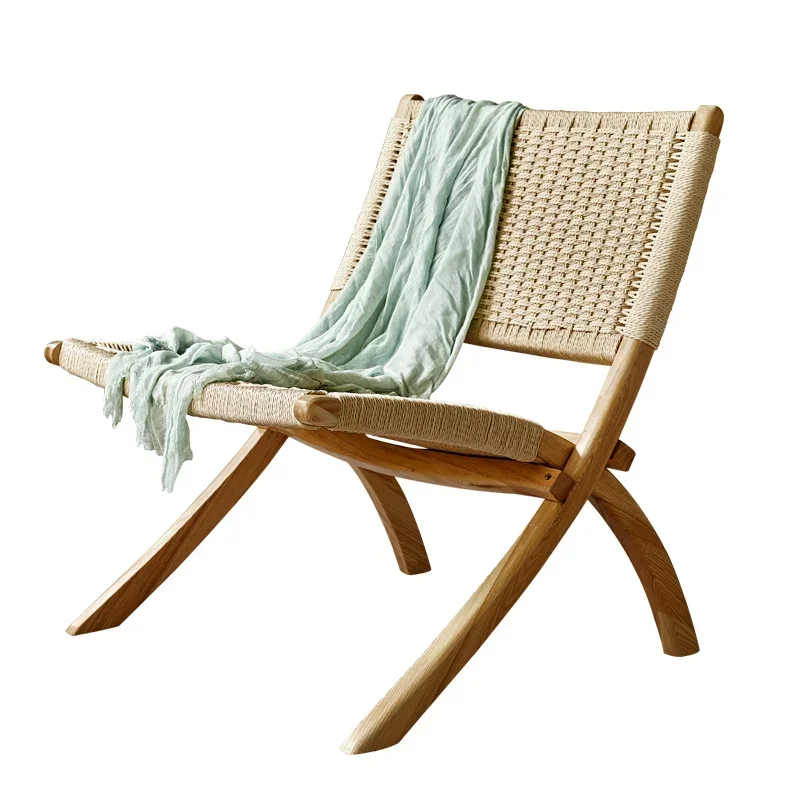 Wood Recliner Balcony Home Leisure Lounge Sofa Chair Hemp Rope Woven Folding Chair B & B Rattan Backrest