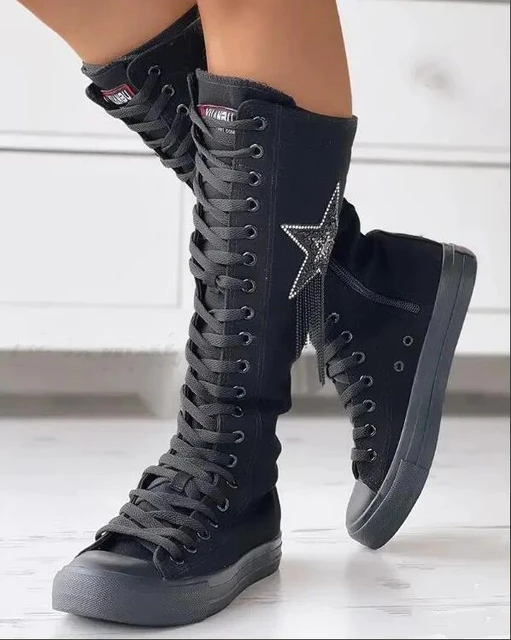 Botas largas de lona para mujer Zapatillas altas planas con diamantes de imitacion estilo Punk con cordones y cremallera Tenis femeninos