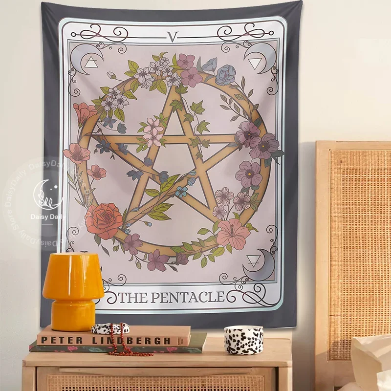 Pentagram Tarot na ścianę wiszące wiedźmy Forestcore botaniczny kwiat magiczny okultystyczny Symbol Boho salon akademik wystrój domu