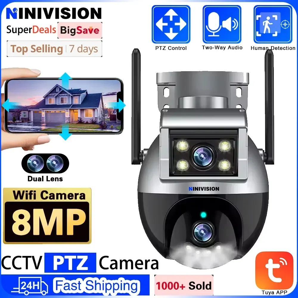 

4K 8MP Tuya Dual Lens Dual-Screen Wifi IP Camera Outdoor 2-Audio AI Auto Tracking PTZ Wireless CCTV Security Surveillance Camera