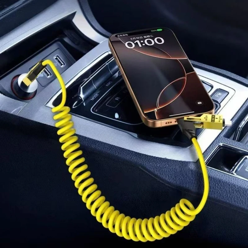 شاحن سريع 65 وات 1.5 متر 4 في 1 كابل بيانات قصير زنبركي USB نوع C زنبركي تلسكوبي شاحن سريع سلك كابل USB زنبركي لهاتف آيفون