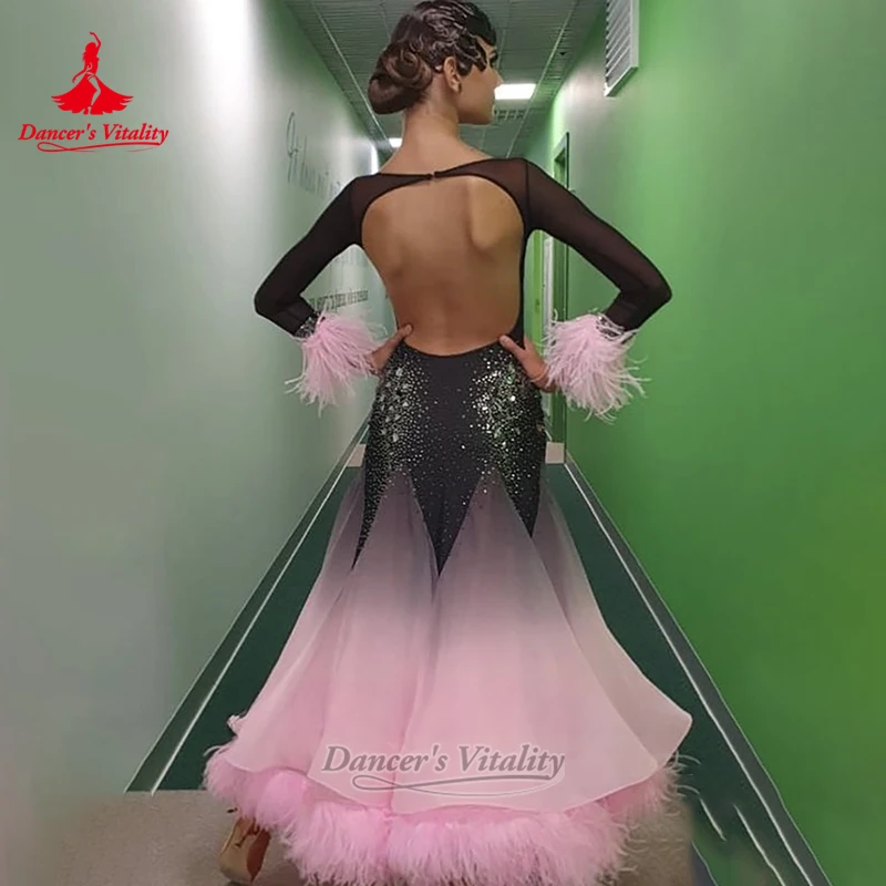 Adult Social Dance Long Sleeves Gradient Color Dress Custom Female Waltz Quickstep Perform&Contest Clothing Dancer's Vitality