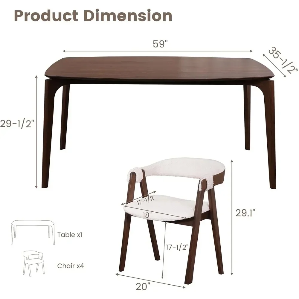 Dining Table Set for 4-6, Includes 1 Table & 4 Chairs, Walnut Veneer Top, Solid Wood Frame, Natural Wood Grain, Easy Assembly