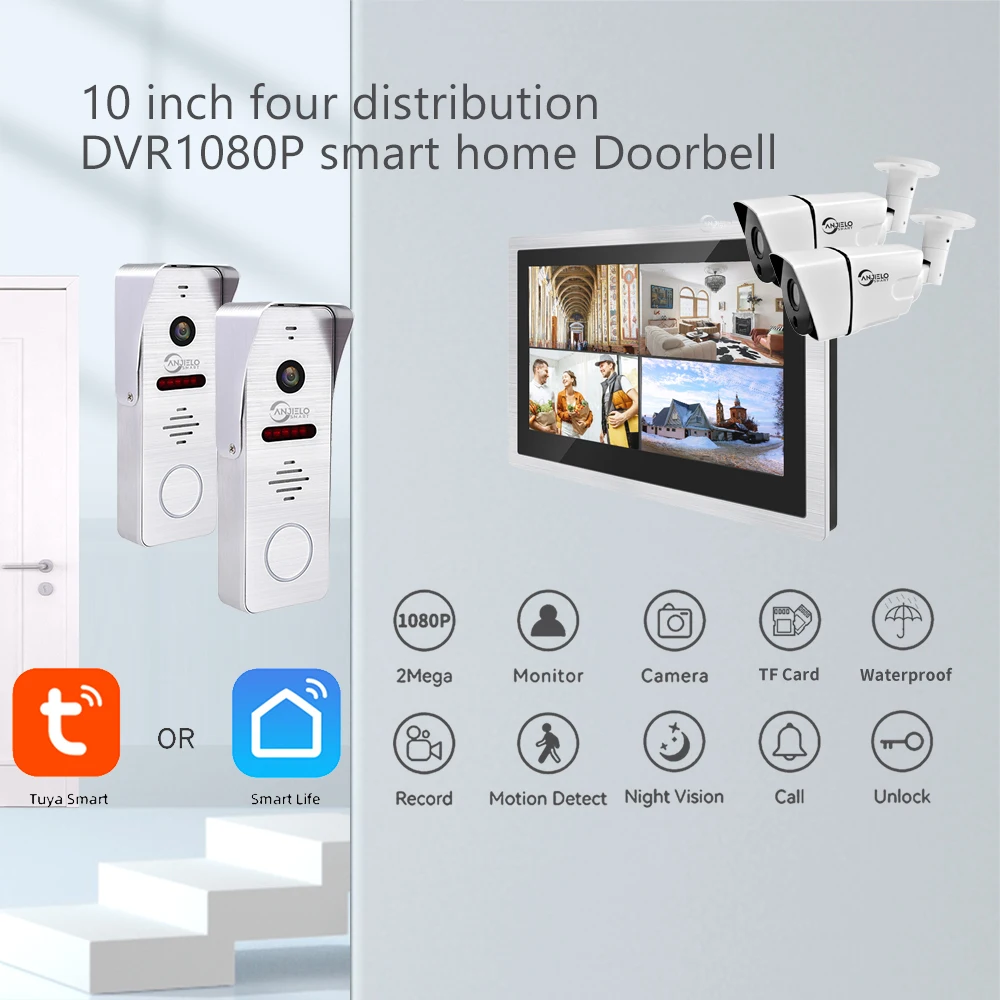 2023 Tuya DVR 1080P smart home Doorbell 10 inch Video Intercoms For Control System WiFi Video 4 independent screens doorbell