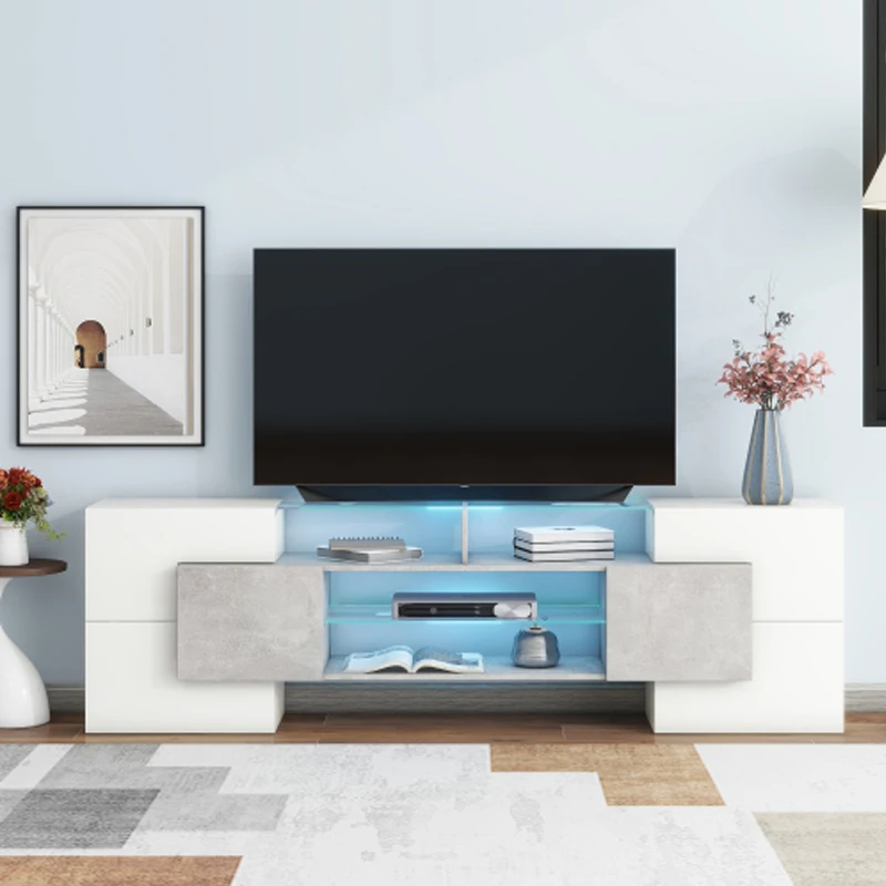 Unique Shape TV Stand with 2 Illuminated Glass Shelves, High Gloss Entertainment Center for TVs Up to 88