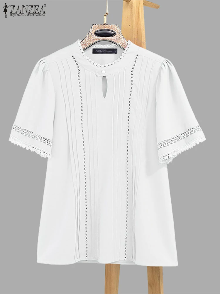 ZANZEA Casual Loose Blouse Women Pleated Tops 2025 Solid Blusas Fashion Short Sleeve Tunic Elegant Office Work Pullovers S-3XL
