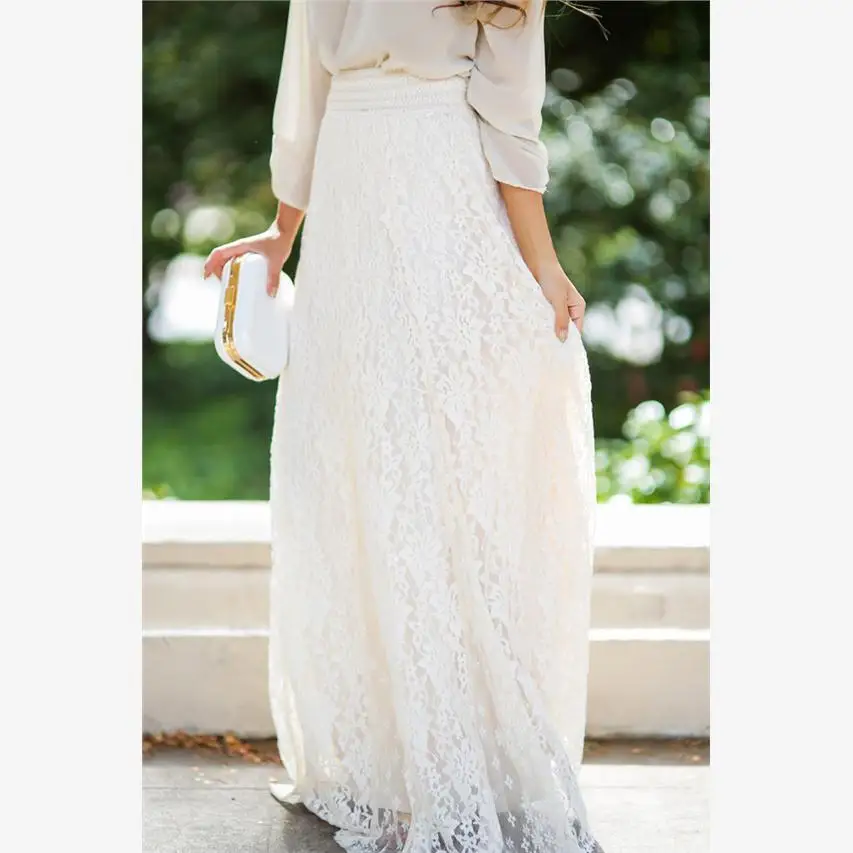 Falda Larga de Encaje para Mujer, Vestido Blanco Informal de Verano 208, Estilo Urbano, 00% Otro Material, Faldas para Damas