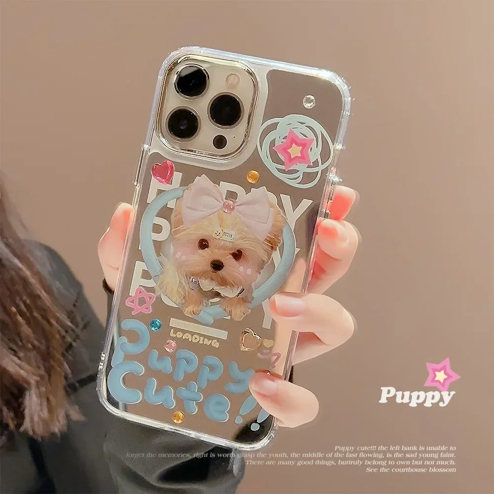 Pink bow tie puppy rhinestone dog plating Makeup mirror Phone Case For iPhone 16 15 14 13 12 Pro Max Case Cute sweet girls Cover