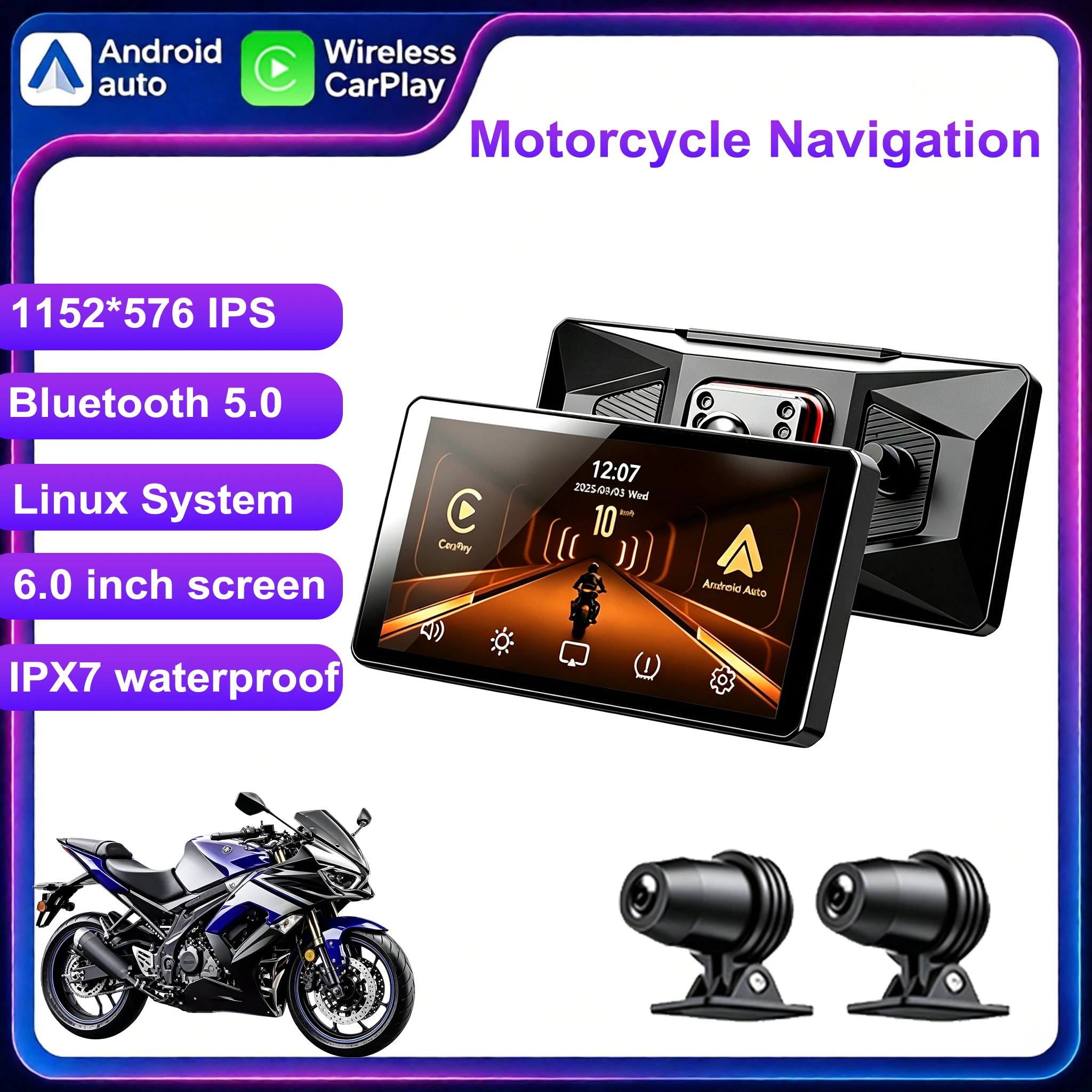 Icreative 6.0 Inch Portable Motorcycle Display Wireless CarPlay Android Auto Digital Moto Dashboard GPS Navigation Touch Screen